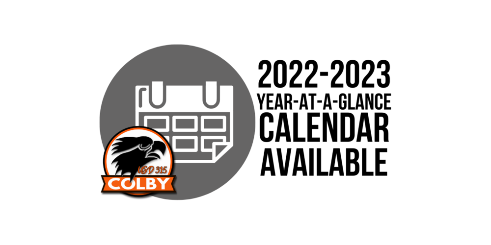 Calendar Icon on Grey Circle with Colby Power Eagle Logo and the text "2022-2023 Year-at-a-Glance Calendar Available