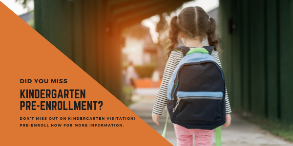 Did you miss Kindergarten Pre-Enrollment?  Don't miss out on Kindergarten Visitation!  Pre-Enroll now for more information on an orange triangle  over a little girl wearing a backpack.