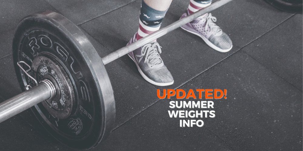 Feet in tennis shoes and patriotic socks with a weight bar and the words "updated!  summer weights info"