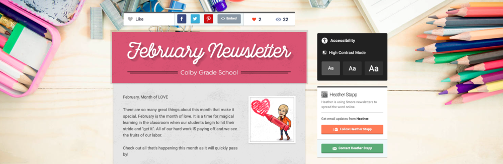 Colby Grade School February 2023 Newsletter with pink school supplies background