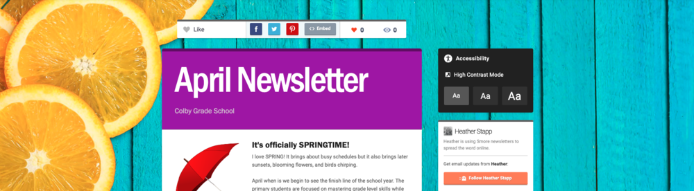 The April Smore Newsletter screenshot with lemons in the background on a blue wood shiplap wall.