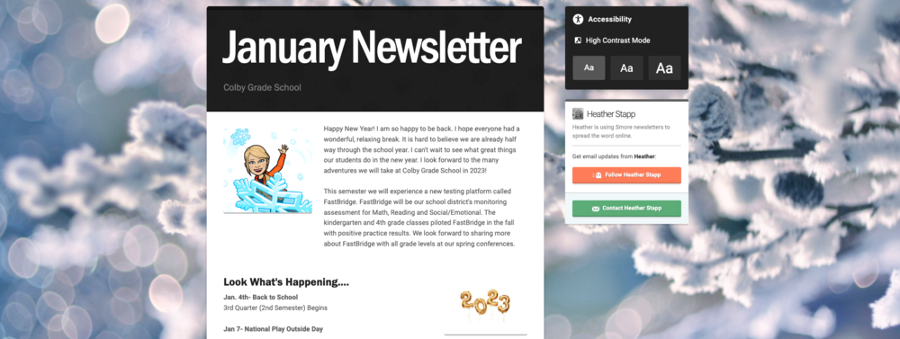 Snowy Background with a screenshot of "January Newsletter"