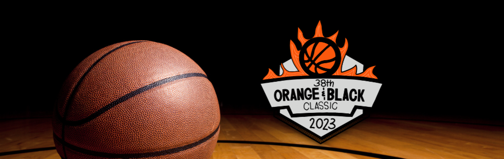 Dark, empty basketball court with basketball and the 2023 38th Orange & Black Classic Logo