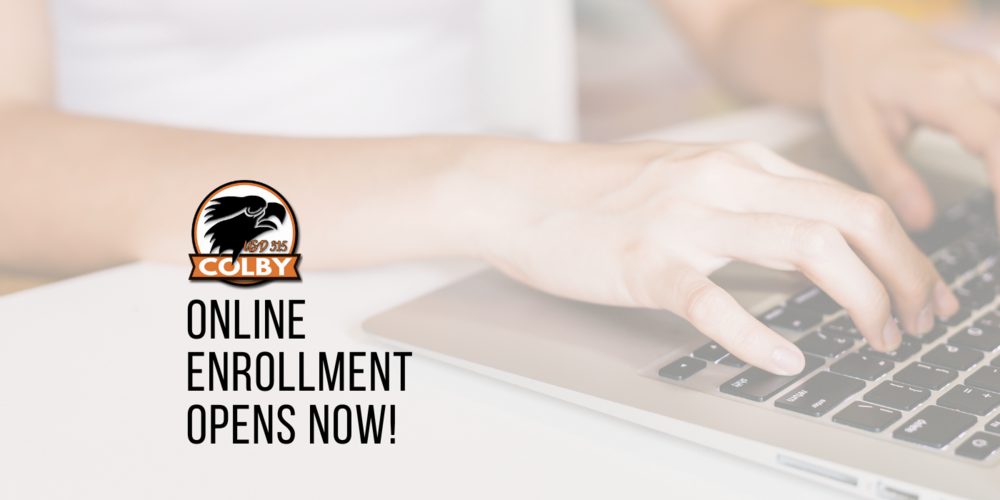 Feminine hands on an open laptop  with Colby Eagles Logo and the text "Online Enrollment Opens Now!"