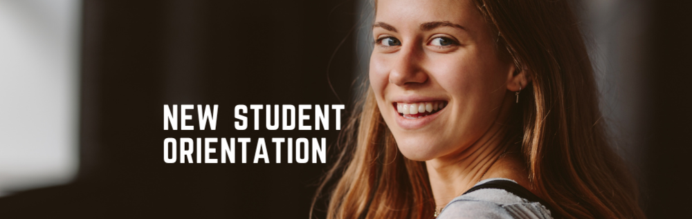 Teenage Girl looking over her shoulder with a dark background and white text "New Student Orientation"