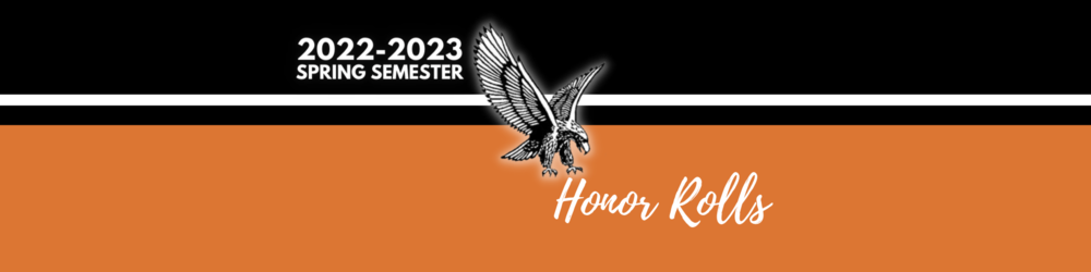 Orange background with black rectangle at the top and a white pinstripe.  On either side of the Colby Eagle in flight is the text 2022-2023 Spring Semester Honor Rolls
