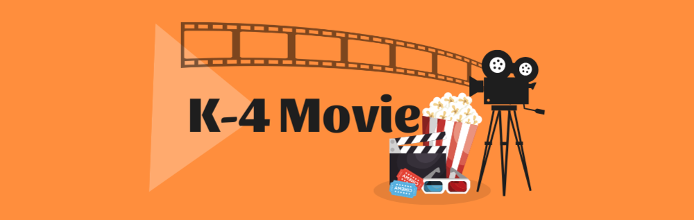 Orange background with movie projector, film, clapboard, 3D glasses, popcorn and tickets with a lighter orange play button and the text "K-4 Movie"