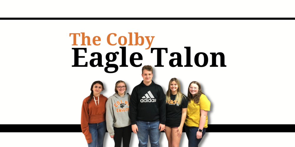 White background with two horizontal black lines and high school students in the foreground.  Text reads, "The Colby Eagle Talon"