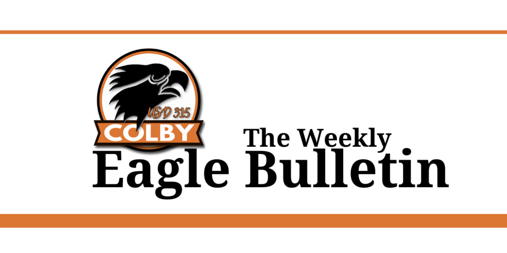 Orange Stripe on White Background with Colby Logo and the text "The Weekly Eagle Bulletin"