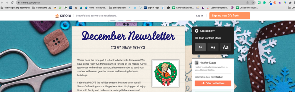 Online December Newsletter with winter crafts background.