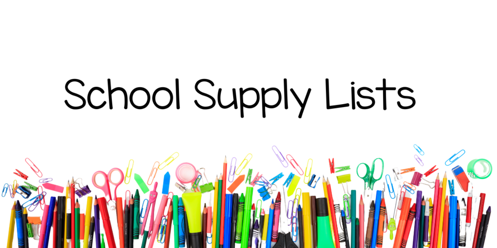 Paperclips, pens, pencils, colored pencils and scissors scattered across a white background with the text "School Supply Lists"