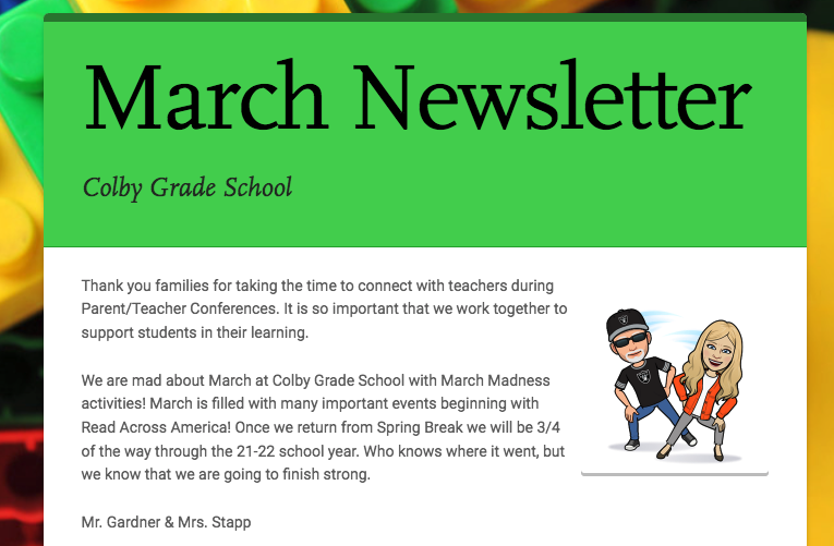 Colby Grade School March Newsletter available in Link in News Article