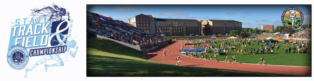2022 State Track & Field Championship KSHSAA Graphic and a photo of track kids at Wichita State University 's Track