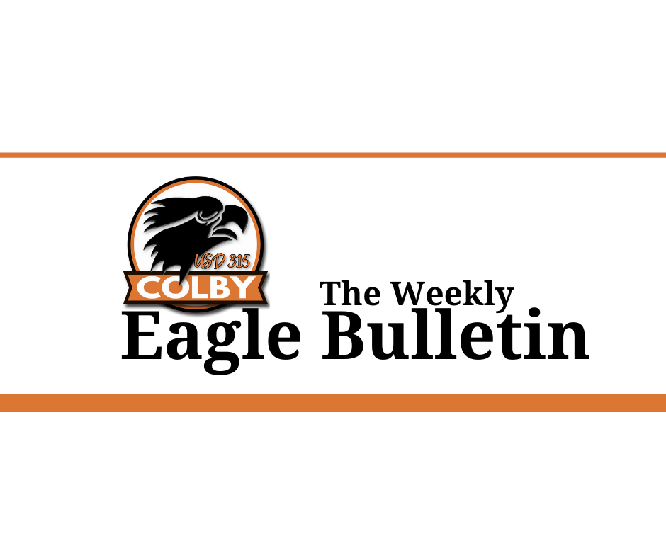 Orange and White Striped Image with Colby Logo and the text "The Weekly Eagle Bulletin"