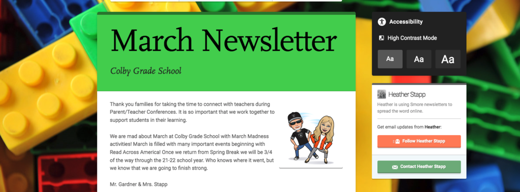 Screenshot of the Colby Grade School March Newsletter available using the link.