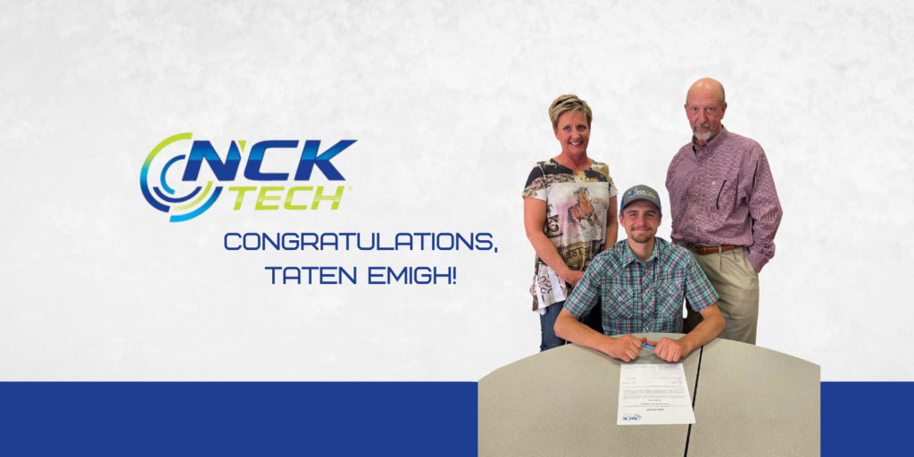 Student signing letter of intent with mom and teacher with a gray background, NCKTech Logo, and text that reads "Congratulations, Taten Emigh!"